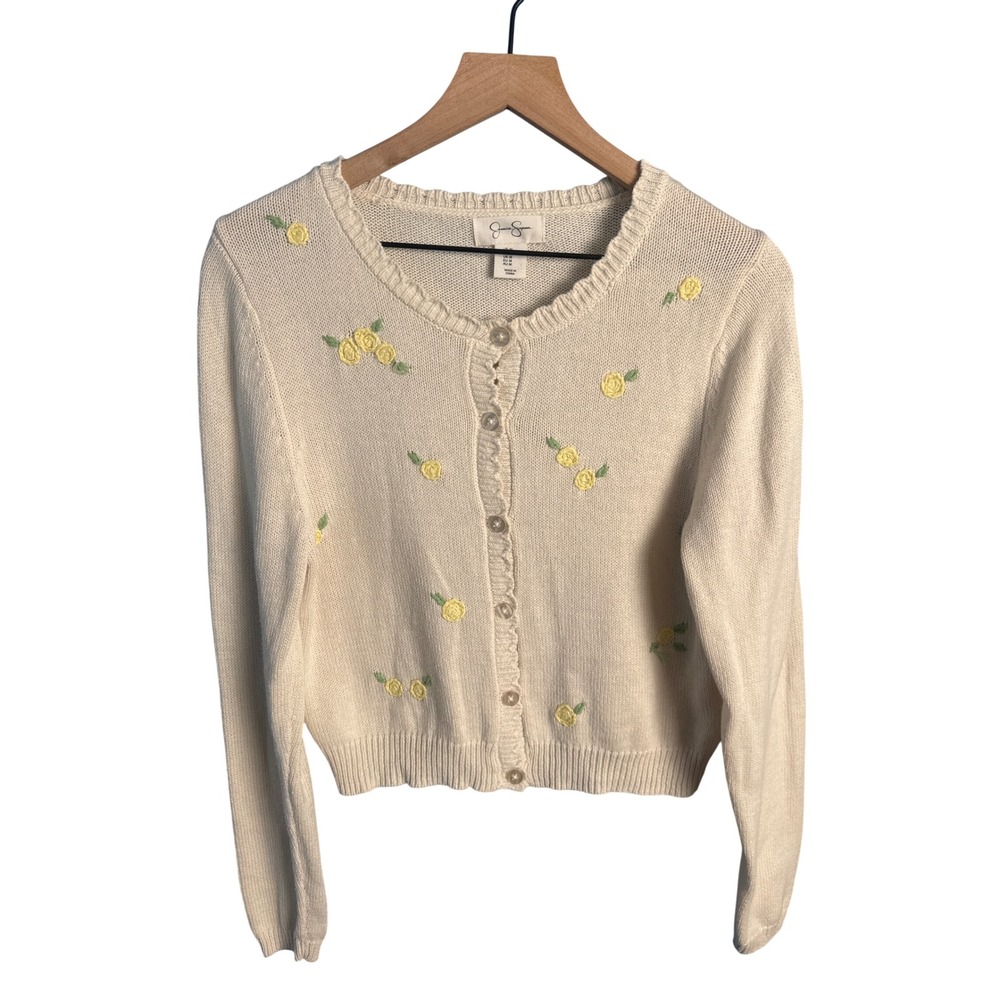 Jessica Simpson Floral Embroidered Cardigan Yellow Rose Cottagecore Coquette